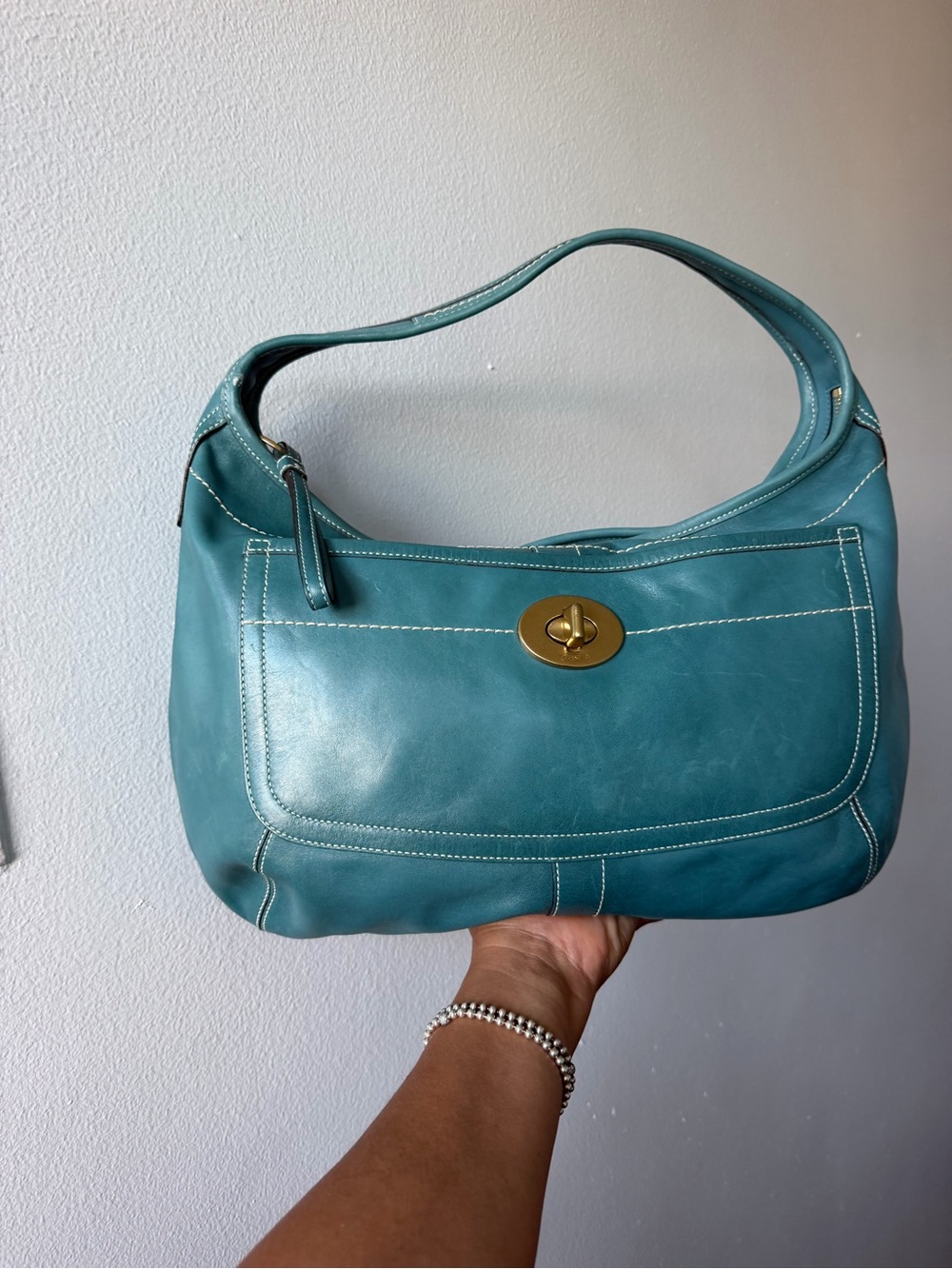 COACH! Teal Leather Shoulder Bag with Turn-Lock Closure